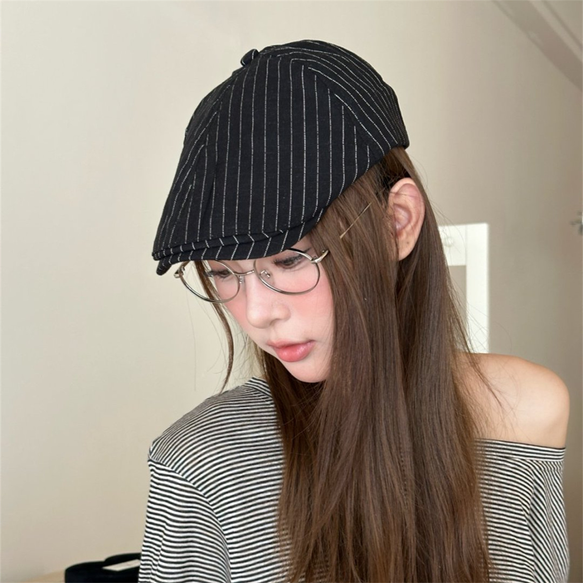 日系条纹棉麻报童帽女小众英伦复古文艺前进帽户外度假防晒遮阳帽