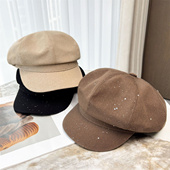 韩版 时尚 满天星八角帽牛仔烫钻拼接贝雷帽女休闲百搭简约画家帽子