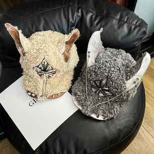 日系小众羊羔绒杜宾狗棒球帽女冬季潮人亚文化异形毛绒帽子男