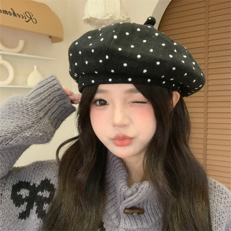 日系小众波点贝雷帽女夏季