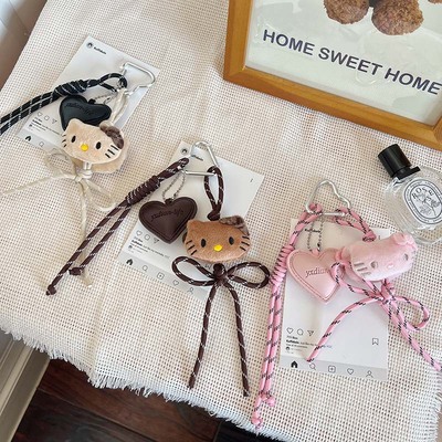 黑皮豹纹卡通猫咪挂件~钥匙扣包包爱心卡通毛绒绒miu系风挂绳挂饰