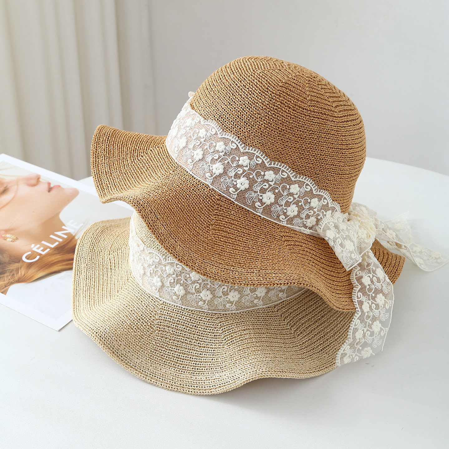 波浪边蕾丝织带针织帽女夏季透气百搭防晒渔夫帽户外出游遮阳盆帽