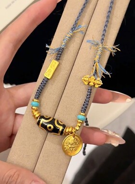 藏式沙金天珠项链女民族风复古设计感古法轻奢气质锁骨链送礼