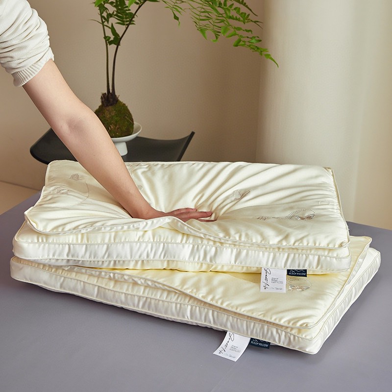 高端新款蝴蝶花园双层蚕丝枕芯枕头柔软舒服好桑蚕丝+仪征羽丝绒