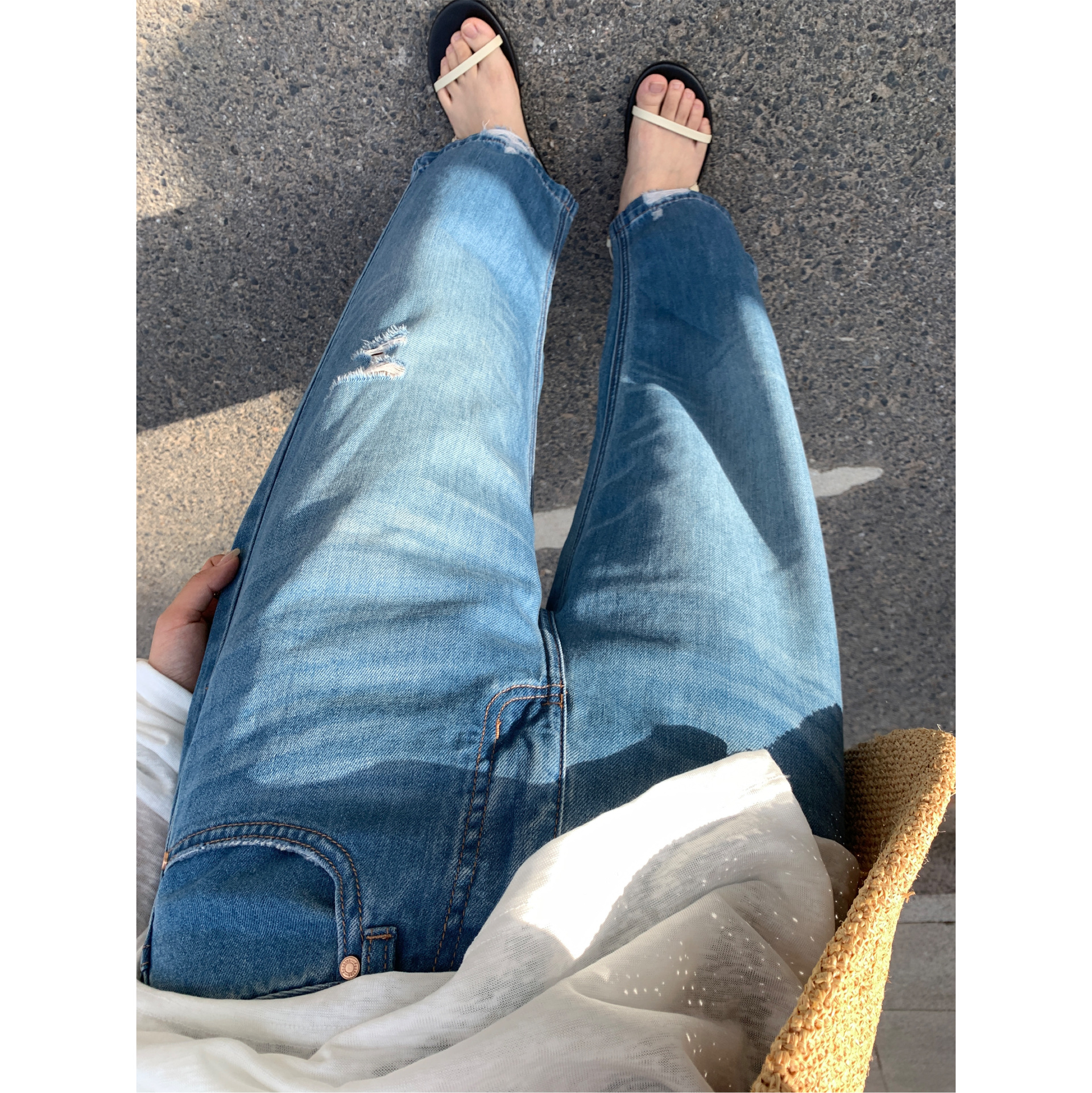 周木木apit破洞牛仔裤女25夏薄款天丝棉高腰显瘦直筒九分阔腿裤子
