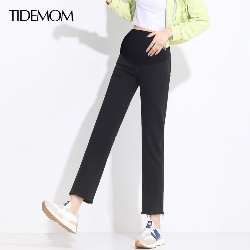 孕妇裤子时尚春秋外穿黑色托腹九分直筒小个子潮妈秋装打底牛仔裤