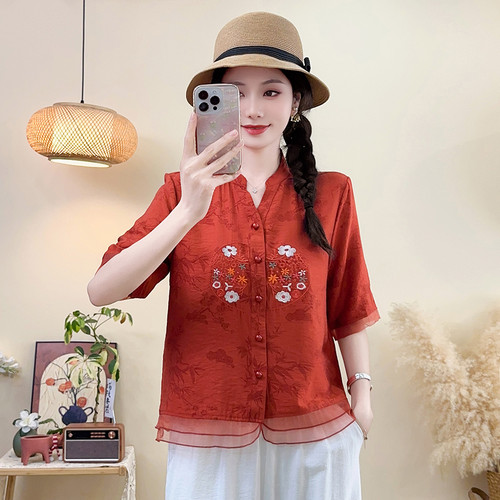 2025夏季新款时尚休闲百搭宽松显瘦女T恤中年妈妈装中袖上衣衬衫