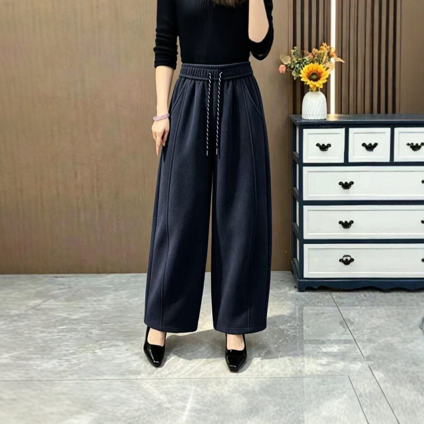 秋冬韩版双色抽绳气球裤高腰松紧腰显瘦休闲裤妈妈装宽松直筒长裤