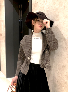 双面呢羊绒大衣女新款小个子格子上衣宽松羊毛呢韩版mschf短外套