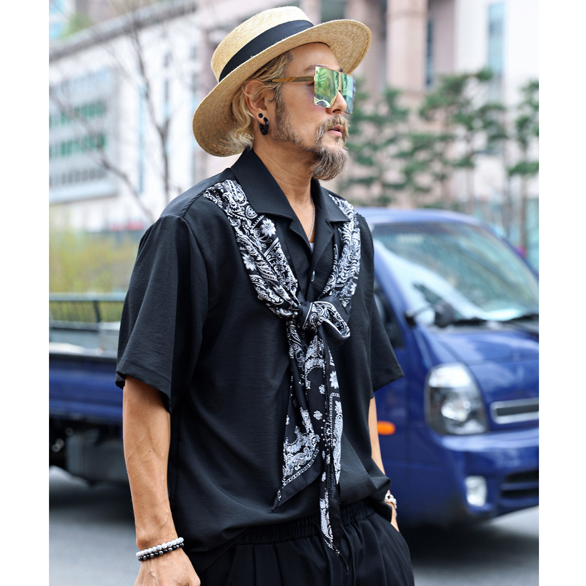 韩国潮牌短袖衬衣夏季翻领拼接设计腰果花飘带假两件休闲时尚衬衫