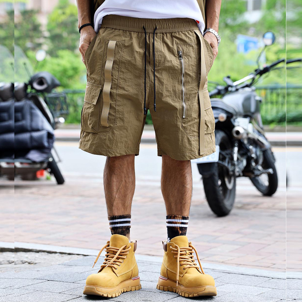 韩国潮牌工装裤韩版机车夏季新款纯色多口袋系带松紧腰时尚短裤男