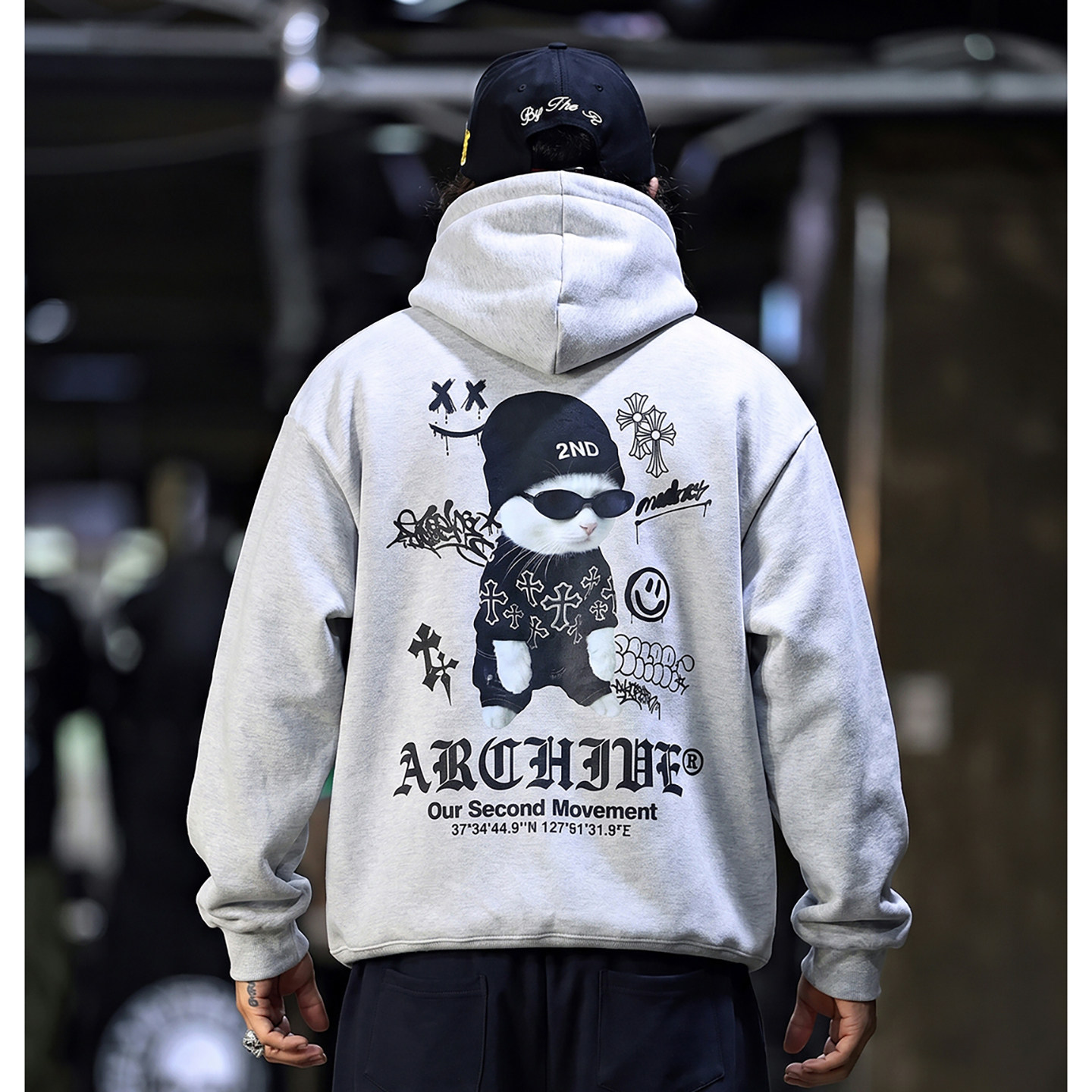 代购韩国潮牌套头卫衣BytheR男秋冬宽松炫酷猫印花Swag Cat连帽衫
