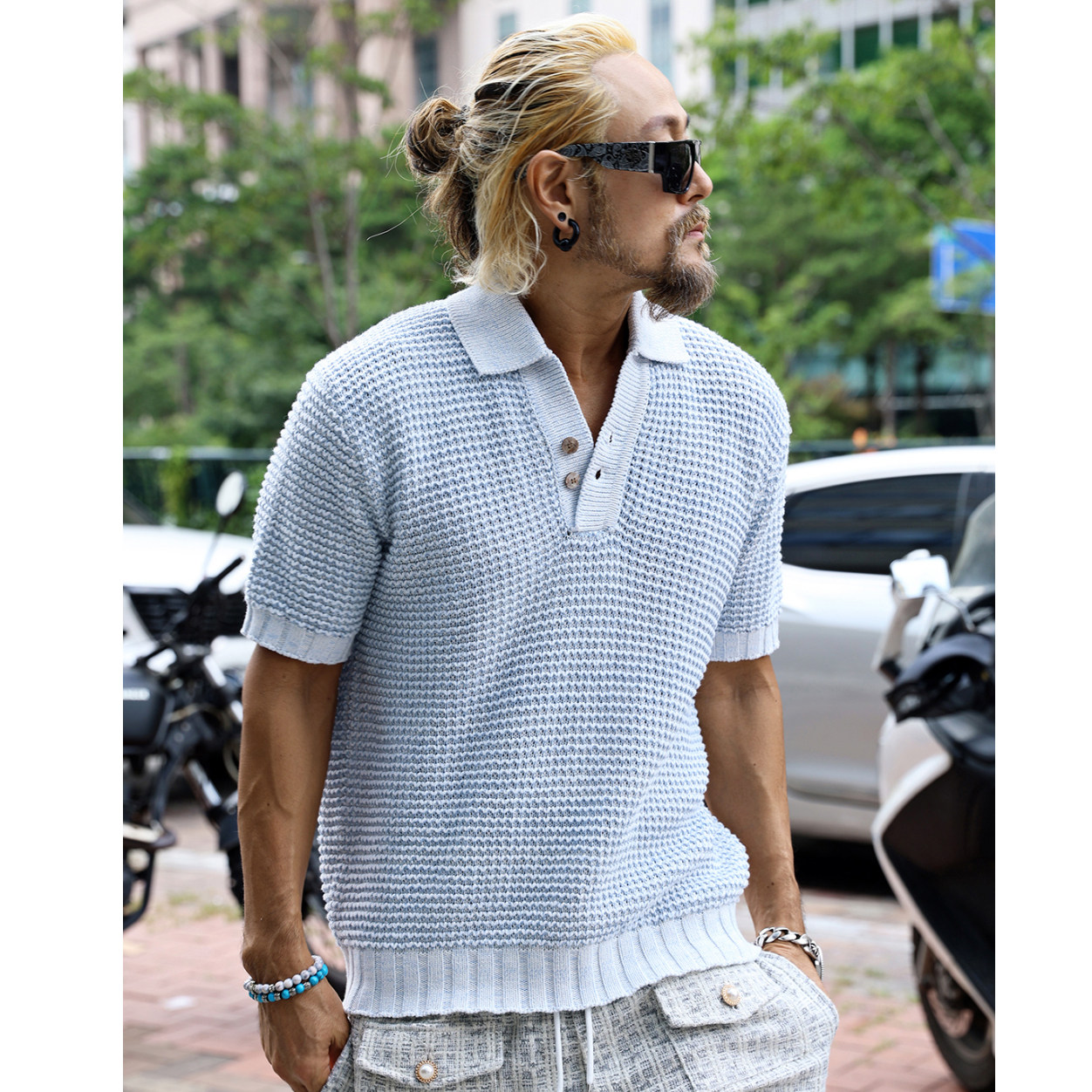 韩国潮牌夏季上衣复古编织针织网眼宽松商务休闲时尚短袖POLO衫男