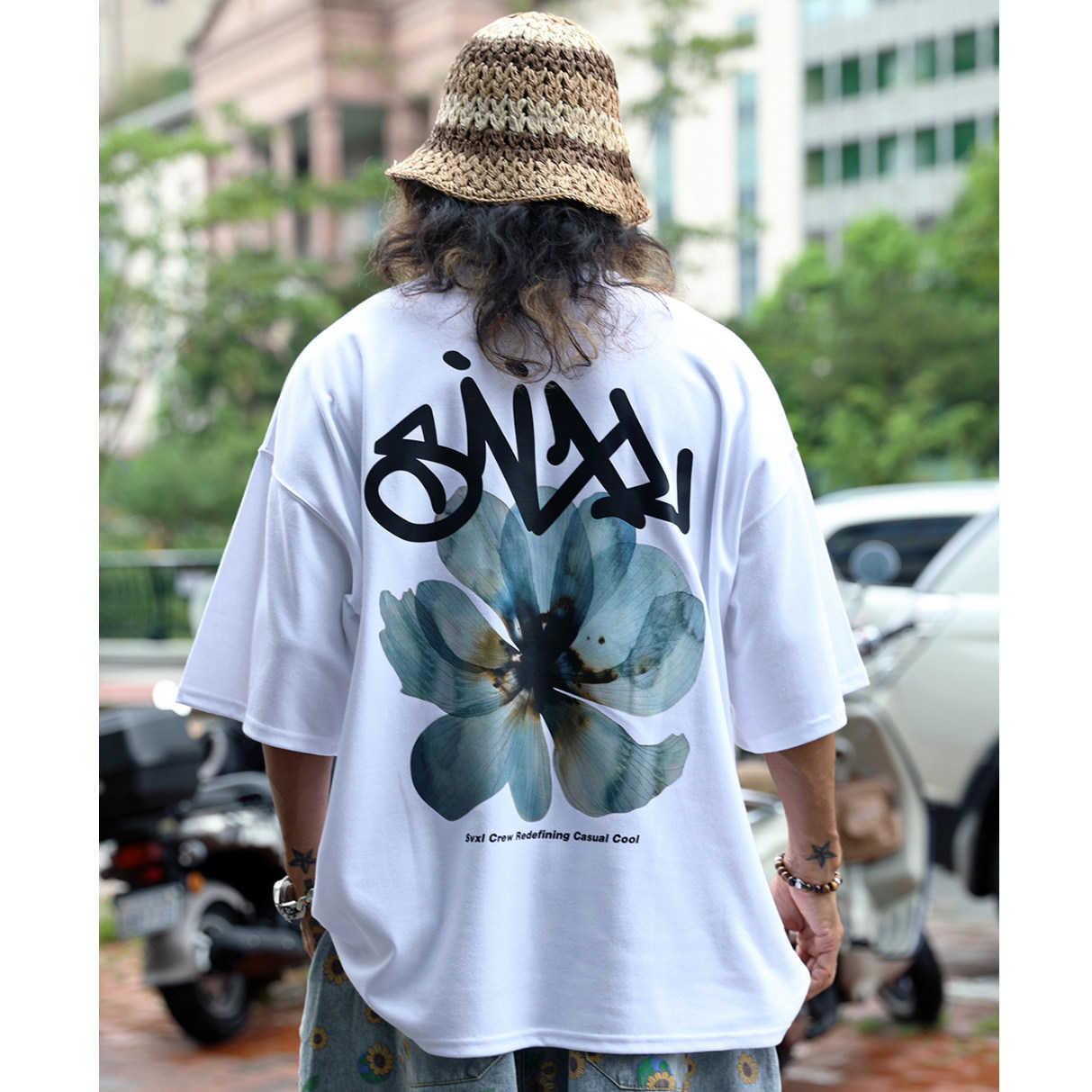韩国潮牌字母花朵涂鸦短袖T恤 夏季男士嘻哈大码宽松运动休闲上衣