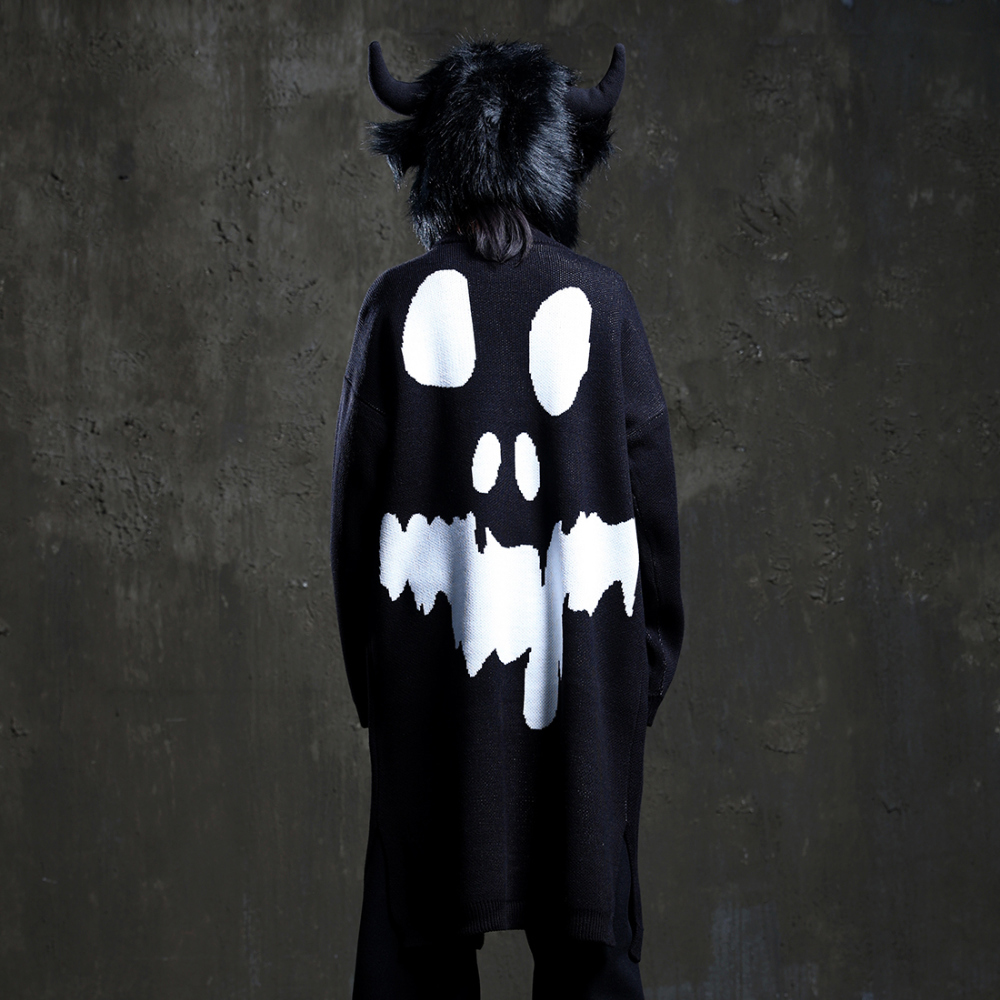 韩国潮牌毛衣外套秋季鬼脸尖叫提花街头休闲宽松时尚中长款针织衫