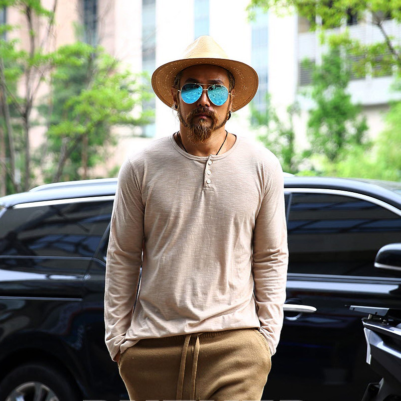 韩国潮牌ins打底裤男士春季新款纯色竹节纯棉圆领宽松薄款长袖T恤