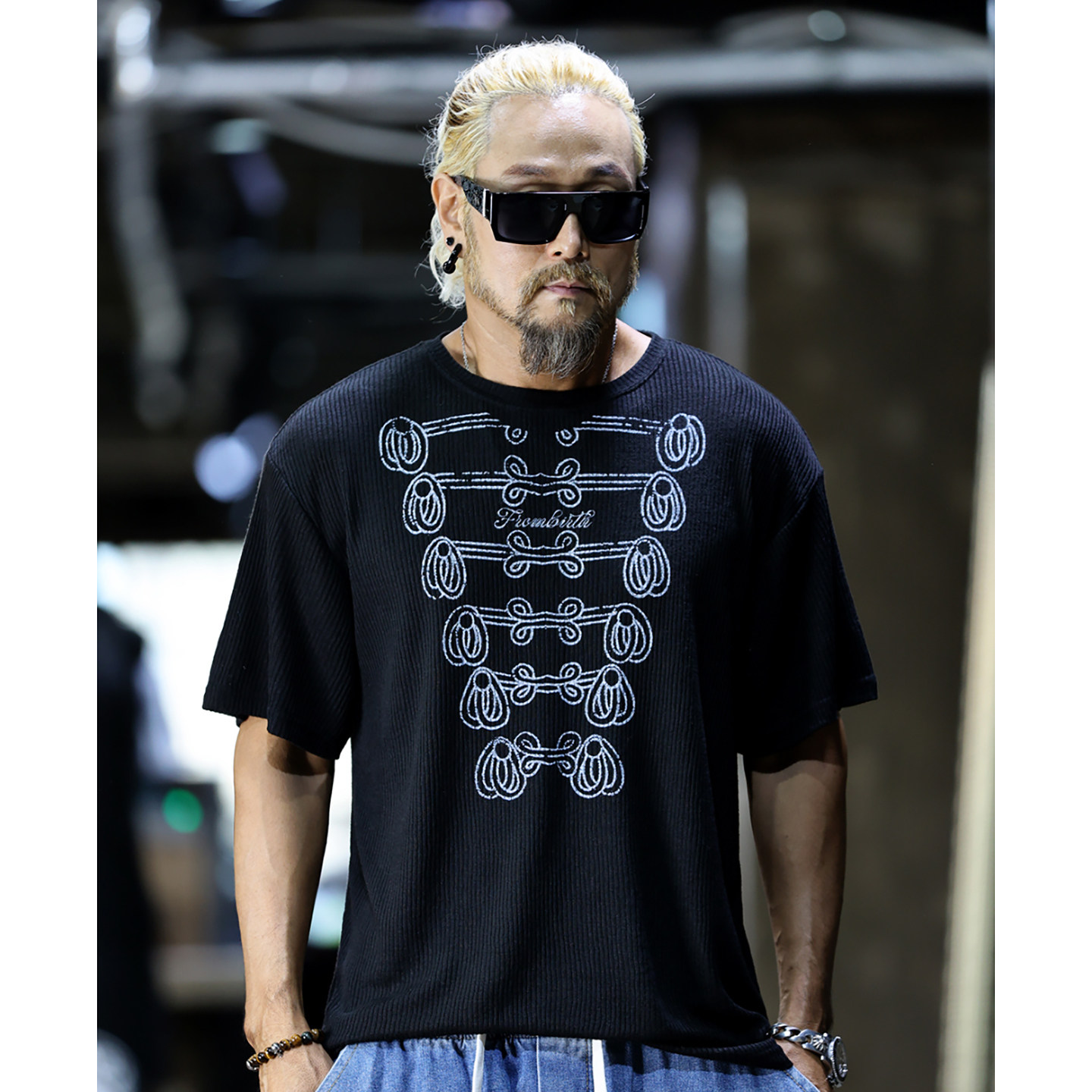 韩国罗纹宽版短袖T恤 男士皇家编织字母印花运动时尚休闲潮酷上衣