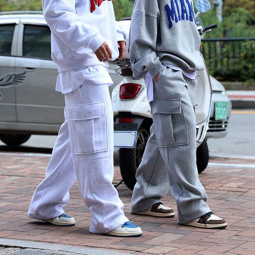 韩国潮牌运动长裤男士大口袋装饰纯色宽松时尚直筒休闲跨裤老爹裤