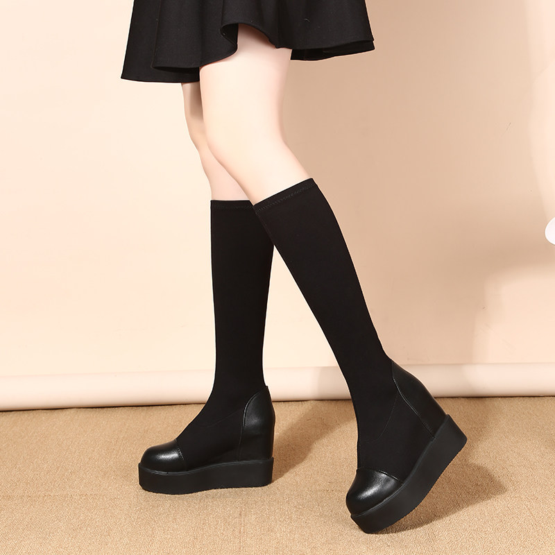 HOWEVER KNEE BOOTS SMALL SIZE VELVET ELASTIC BOOTS INNER HEIGHT AUTUMN AND WINTER SOCK BOOTS THICK-SOLED HIGH BOOTS AND LARGE SIZE BOOTS WOMEN