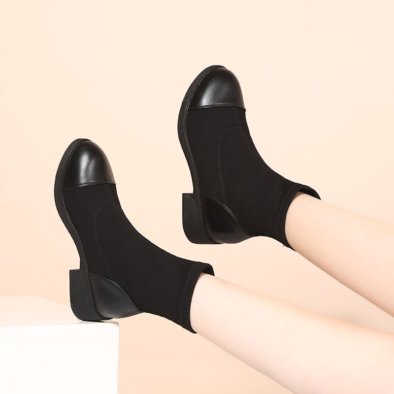 2024 SPRING AND AUTUMN NEW BREATHABLE STRETCH SINGLE SHOES WOMENS BLOCK HEEL MARTIN BOOTS THIN FOOT SMALL FLAT SOCK BOOTS BOOTS