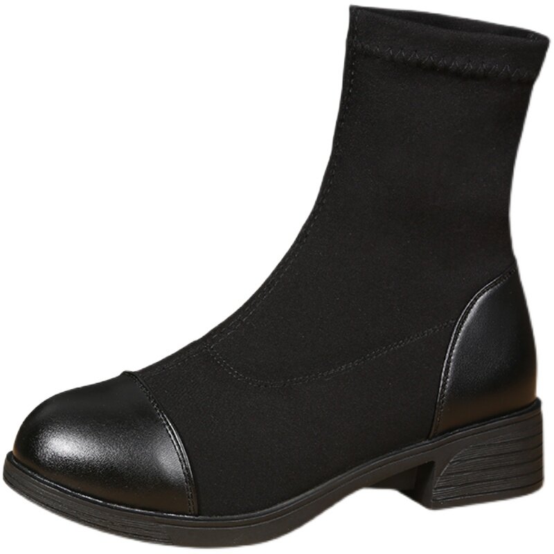 2024 SPRING AND AUTUMN NEW BREATHABLE STRETCH SINGLE SHOES WOMENS BLOCK HEEL MARTIN BOOTS THIN FOOT SMALL FLAT SOCK BOOTS BOOTS