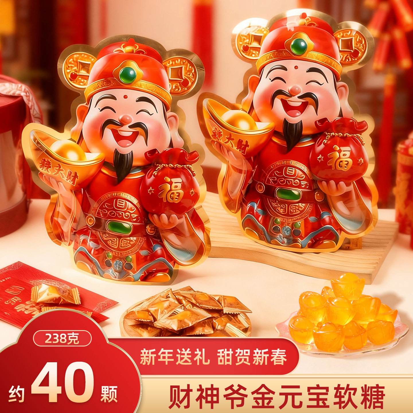 新年糖果发财财神爷金元宝夹心软糖开业乔迁元宵主题零食喜糖礼物