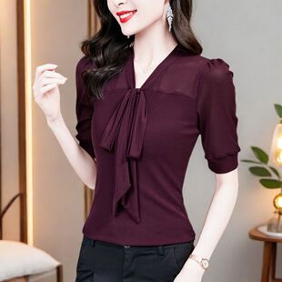 设计感时尚 V领网纱中袖 上衣女2026年夏季 新款 蝴蝶结系带减龄小衫