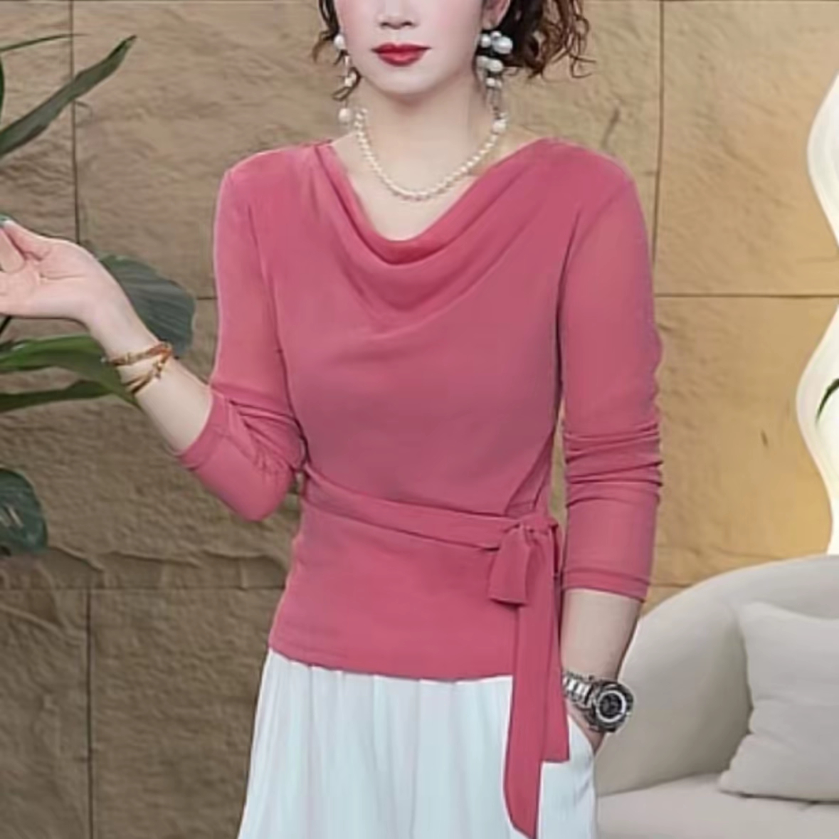 荡领亮丝网纱打底衫女内搭2025早秋新款洋气显瘦小衫收腰绑带上衣