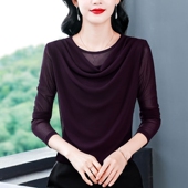 百搭遮肉显瘦上衣蕾丝t恤小衫 2026年新款 女秋季 堆堆领网纱打底衫