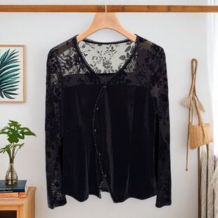V领蕾丝打底衫女内搭秋季2026年新款高端植绒网纱t恤小衫丝绒上衣