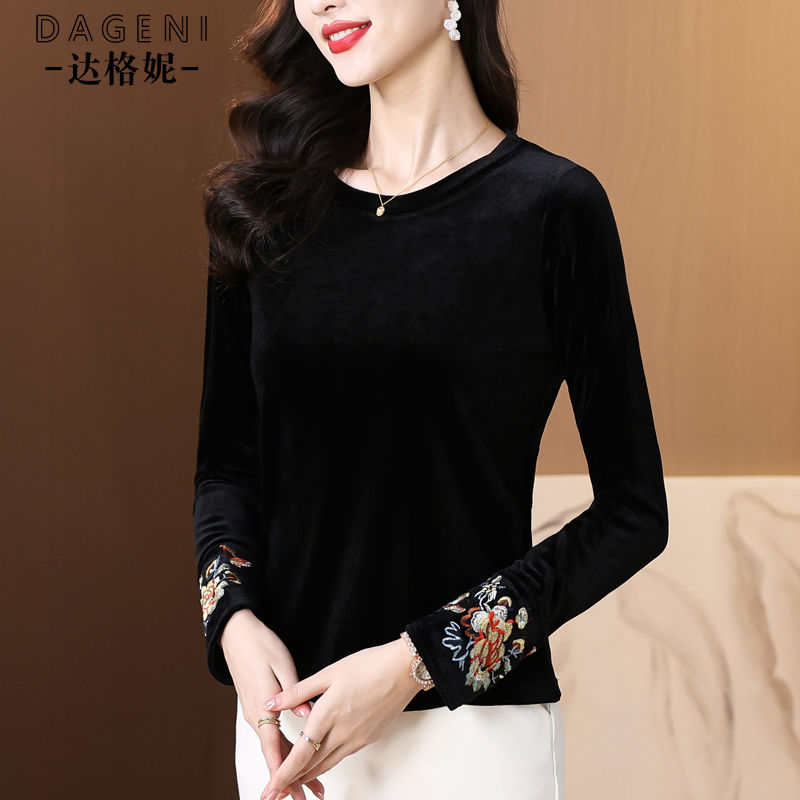 新中式国风女金丝绒打底衫