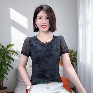 网纱短袖印花小衫女夏季2026新款轻熟气质蕾丝衫休闲百搭打底上衣