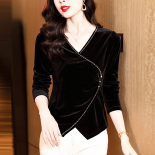 年轻款 高贵洋气不规则小衫 内搭打底衫 T恤 丝绒上衣女2026秋冬新款