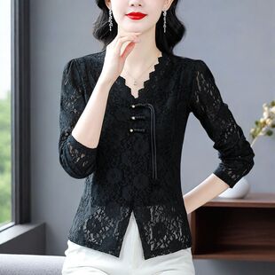 性感镂空打底上衣 新款 高级感V领蕾丝盘扣长袖 t恤女士内搭2026秋季
