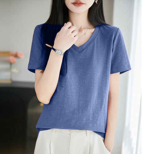 夏装气质V领短袖宽松上衣正肩体恤女2026新款时尚百搭半袖t恤小衫