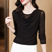 荡领长袖 2026秋装 女洋气高贵小衫 网纱打底衫 t恤蕾丝内搭上衣 新款