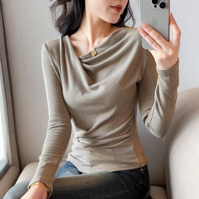 性感露肩斜领长袖t恤女