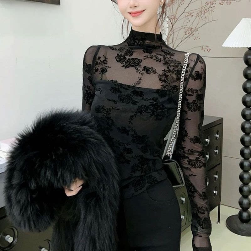 半高领蕾丝打底衫女内搭2026春秋新款纯欲微透视小衫女设计感上衣