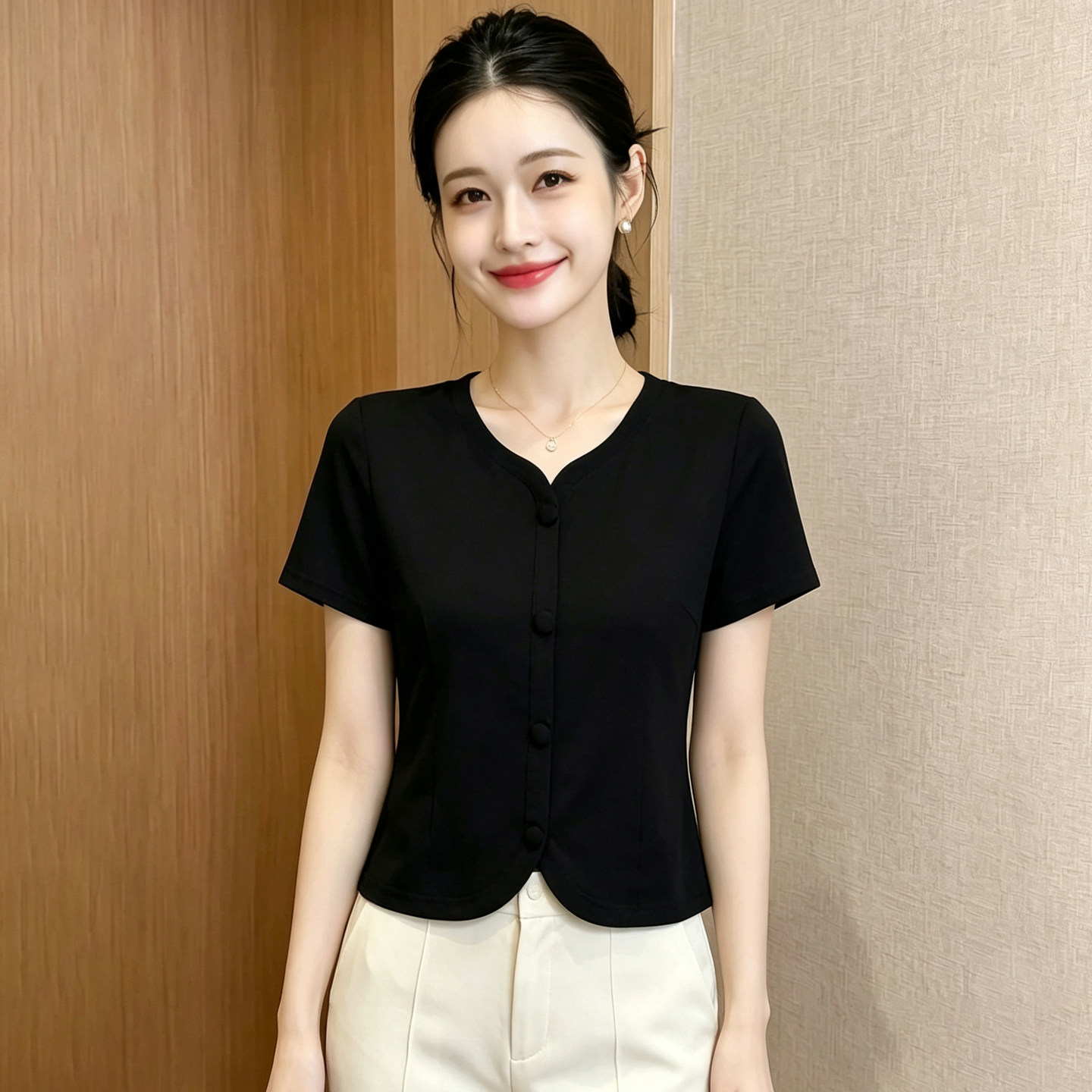 2026高档夏装纯色V领套头短袖小衫女高级设计感时尚百搭上衣女装