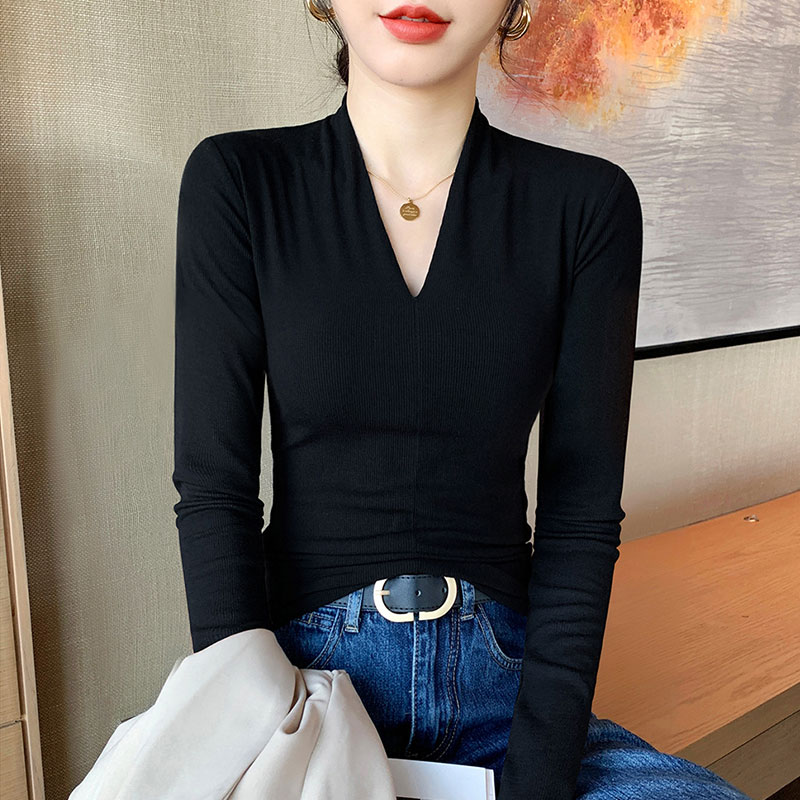 高级感V领打底衫女2025秋冬新款螺纹正肩长袖T恤内搭外穿修身上衣