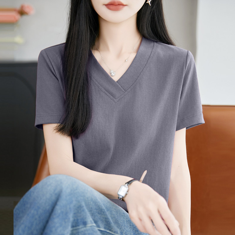 高级感V领洋气半袖正肩体恤宽松遮肚子上衣女夏季新款百搭t恤小衫图片