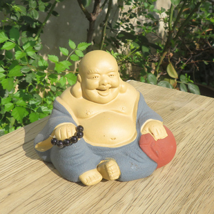 产直销宜兴紫砂雕塑摆件三色佛像弥勒佛布袋和尚笑佛家用财运供养