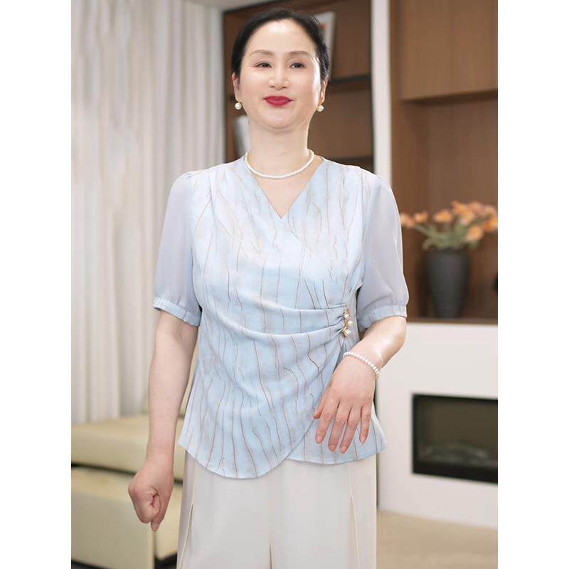 时尚妈妈装小衫套装2025夏季中老年女装