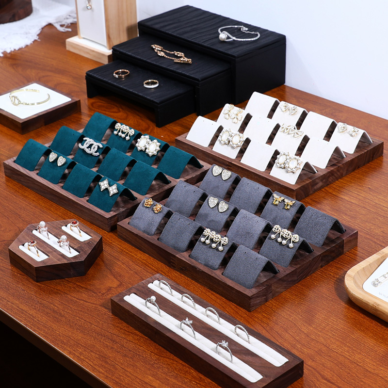柜台耳钉展示托盘珠宝展示柜套装耳饰展示架胡桃木耳环收纳首饰架