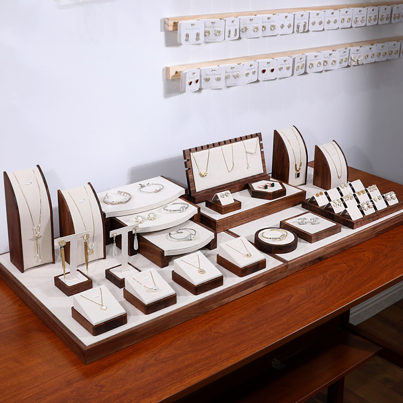 胡桃木米绒饰品陈列展示道具柜台组合套装项链戒指耳饰手镯首饰架