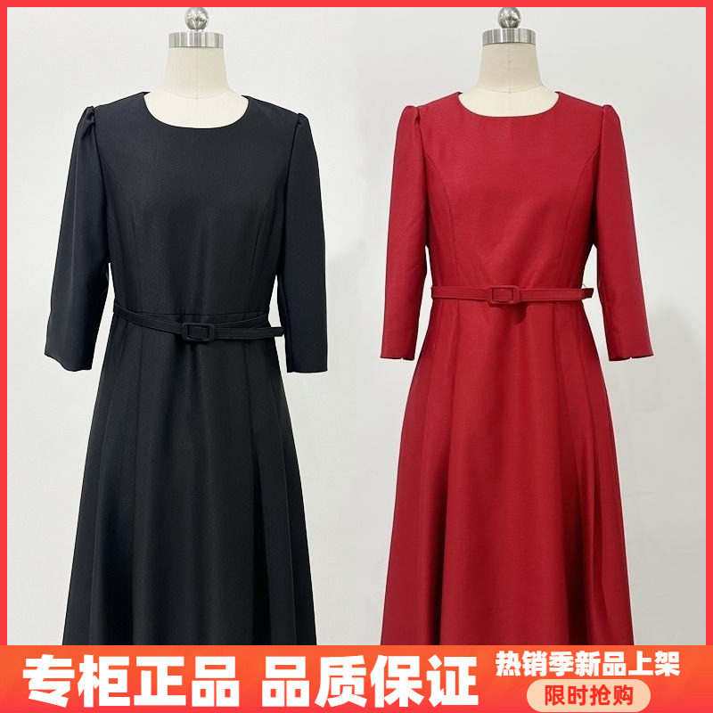 紫萱雅mby24a028芳兰蕊2024秋季时尚圆领纯色修身气质收腰连衣裙