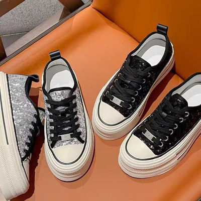 57-107欧洲站亮片板鞋女透气帆布鞋小个子松糕搭阔腿裤休闲鞋