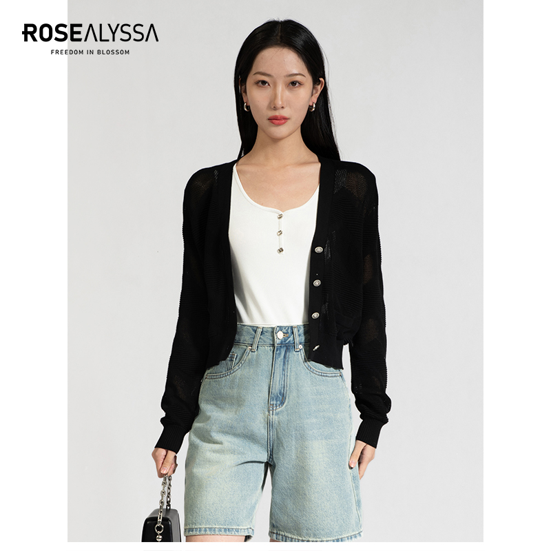 ROSEALYSSA若诗莉莎24春新款V领洞洞莫代尔针织开衫女Z4105-1391