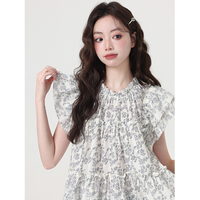 碎花信笺法式碎花小飞袖衬衫