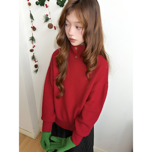 精分 一颗热烈肆意的我 新年圣诞红古着感纯色立领针织高领毛衣